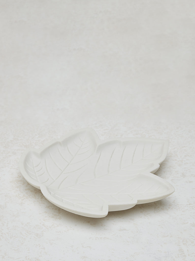 Westside Home White Marble Leaf Design Decorative Platter