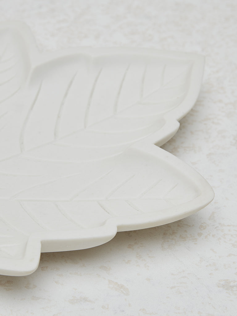 Westside Home White Marble Leaf Design Decorative Platter