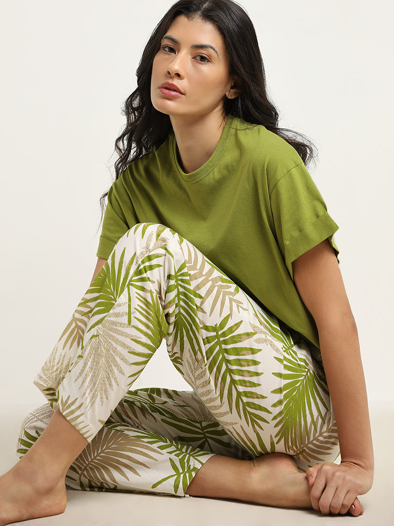 Wunderlove Light Olive Leaf Printed High-Rise Pyjamas