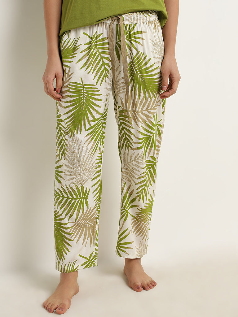 Wunderlove Light Olive Leaf Printed High-Rise Pyjamas