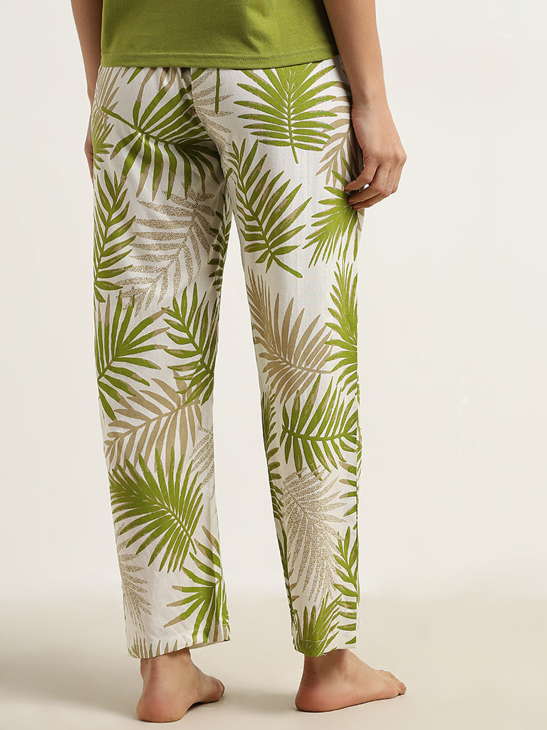 Wunderlove Light Olive Leaf Printed High-Rise Pyjamas