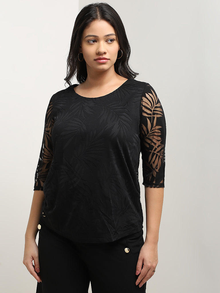 Gia Black Leaf Design Top