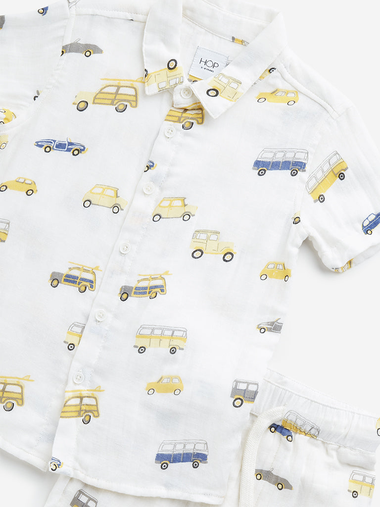 HOP Kids Off-White Vehicle Printed Cotton Shirt with Mid-Rise Shorts Set