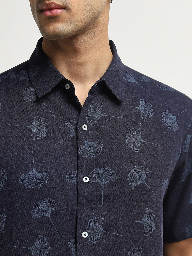 Ascot Navy Foliage Printed Relaxed-Fit Blended Linen Shirt