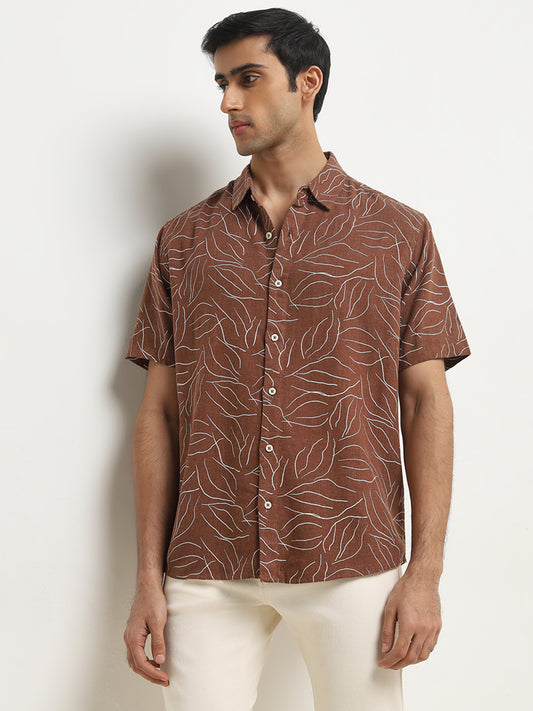 Ascot Tan Abstract Design Relaxed-Fit Blended Linen Shirt