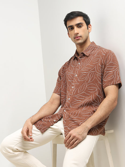 Ascot Tan Abstract Design Relaxed-Fit Blended Linen Shirt