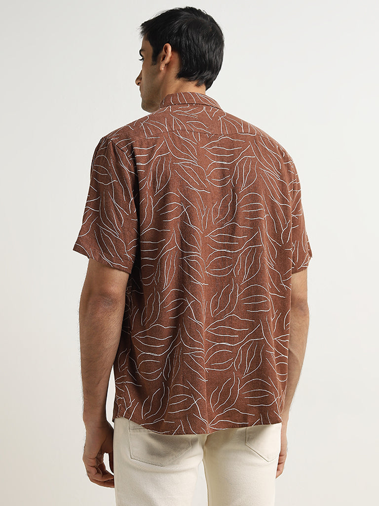 Ascot Tan Abstract Design Relaxed-Fit Blended Linen Shirt