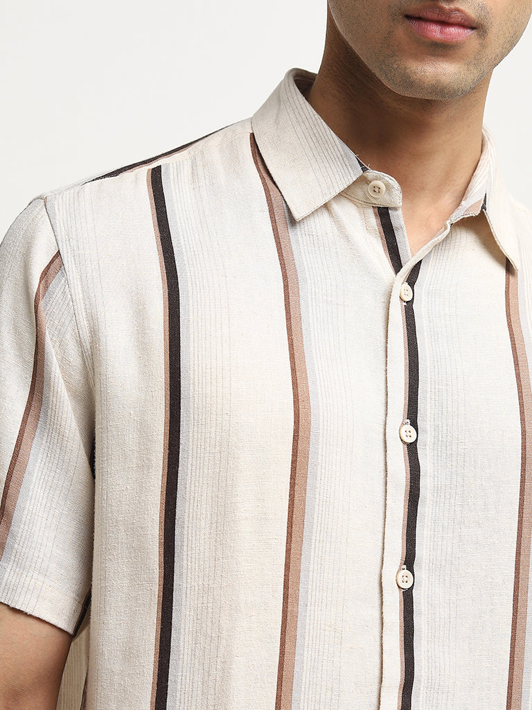 Ascot Beige Stripe Printed Relaxed-Fit Blended Linen Shirt