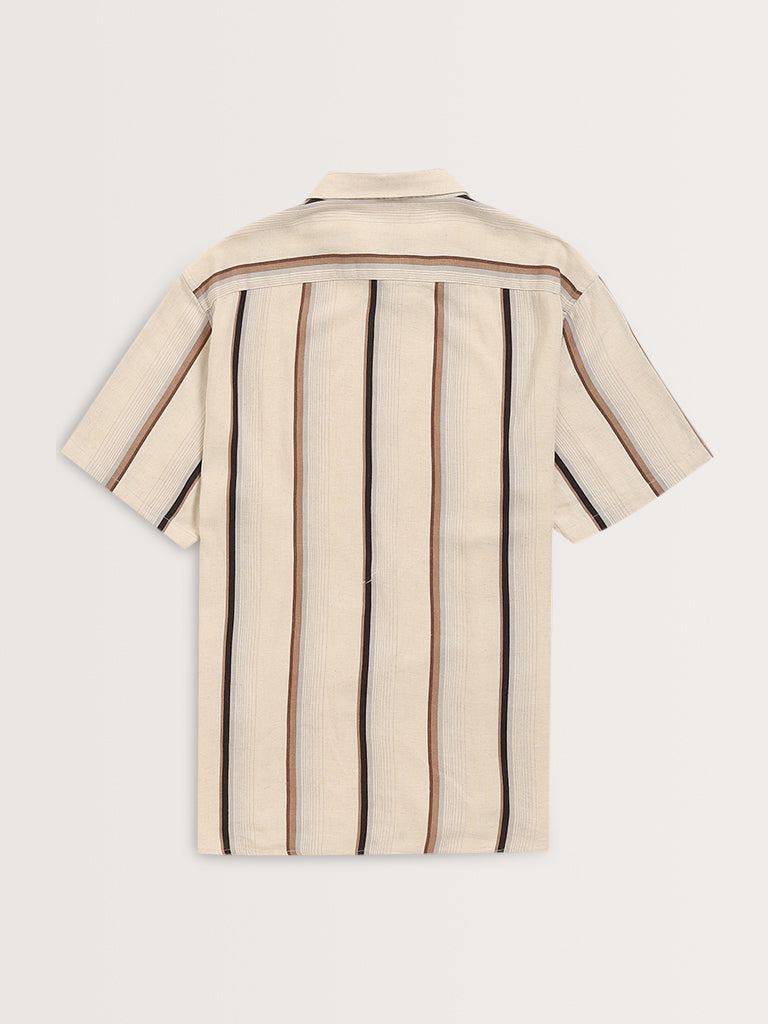 Ascot Beige Stripe Printed Relaxed-Fit Blended Linen Shirt