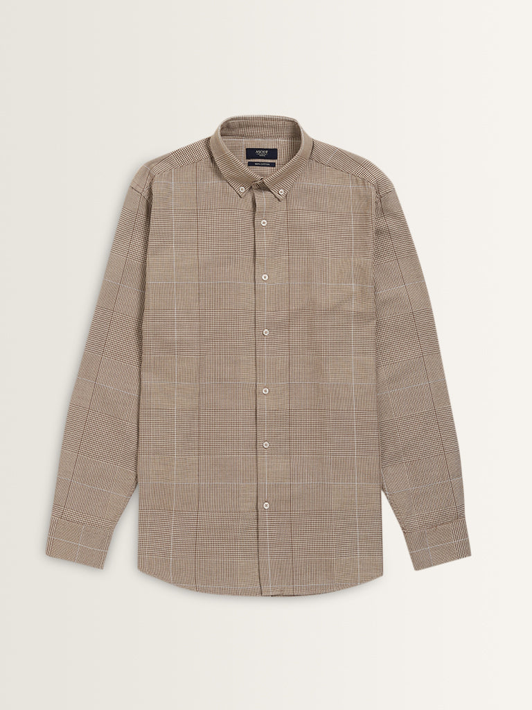 Ascot Brown Checkered Relaxed-Fit Cotton Shirt