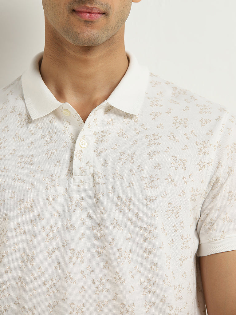 WES Casuals White Printed Relaxed-Fit Polo T-Shirt