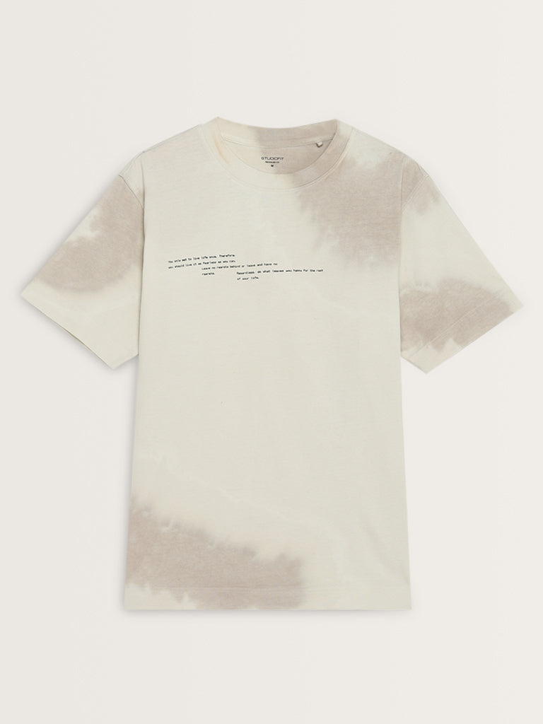 Studiofit Off-White Text Design Relaxed-Fit Cotton T-Shirt