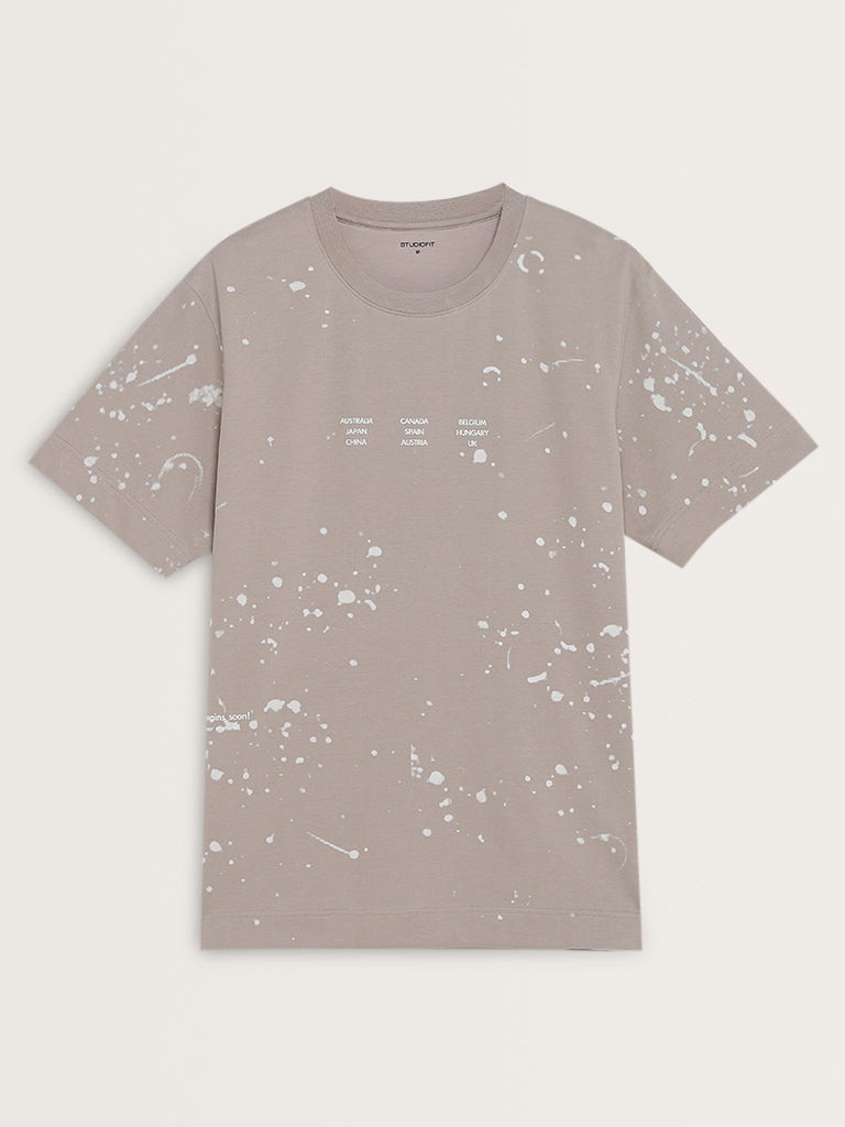 Studiofit Beige Splatter Print Relaxed-Fit T-Shirt