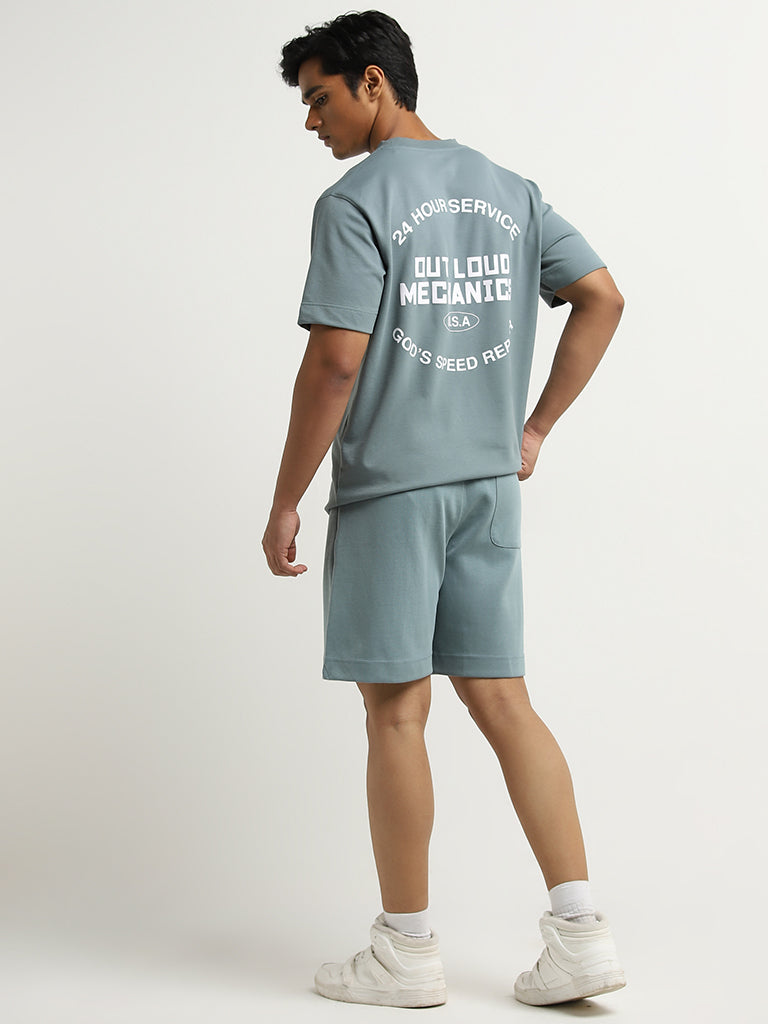 Studiofit Light Teal Text Design Relaxed-Fit T-Shirt