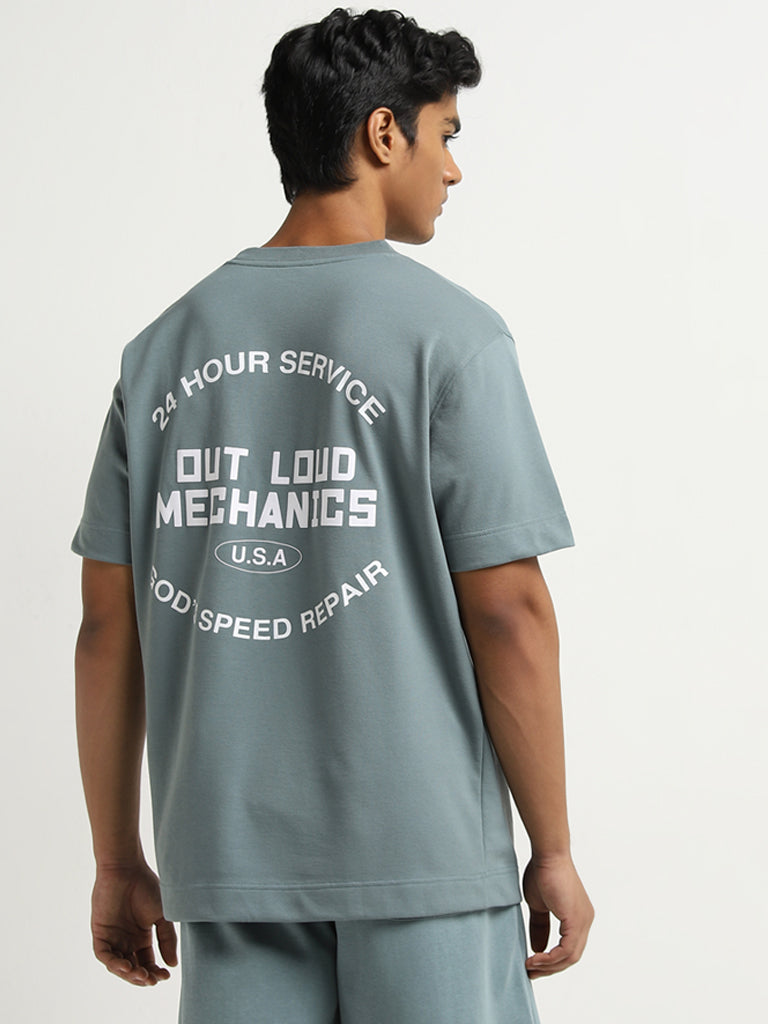 Studiofit Light Teal Text Design Relaxed-Fit T-Shirt