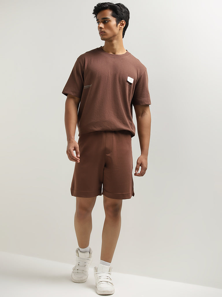 Studiofit Brown Text Pattern Relaxed-Fit T-Shirt