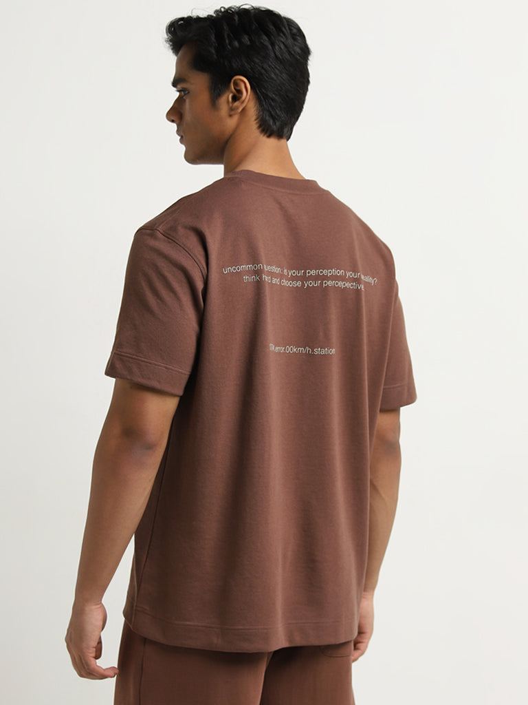 Studiofit Brown Text Pattern Relaxed-Fit T-Shirt