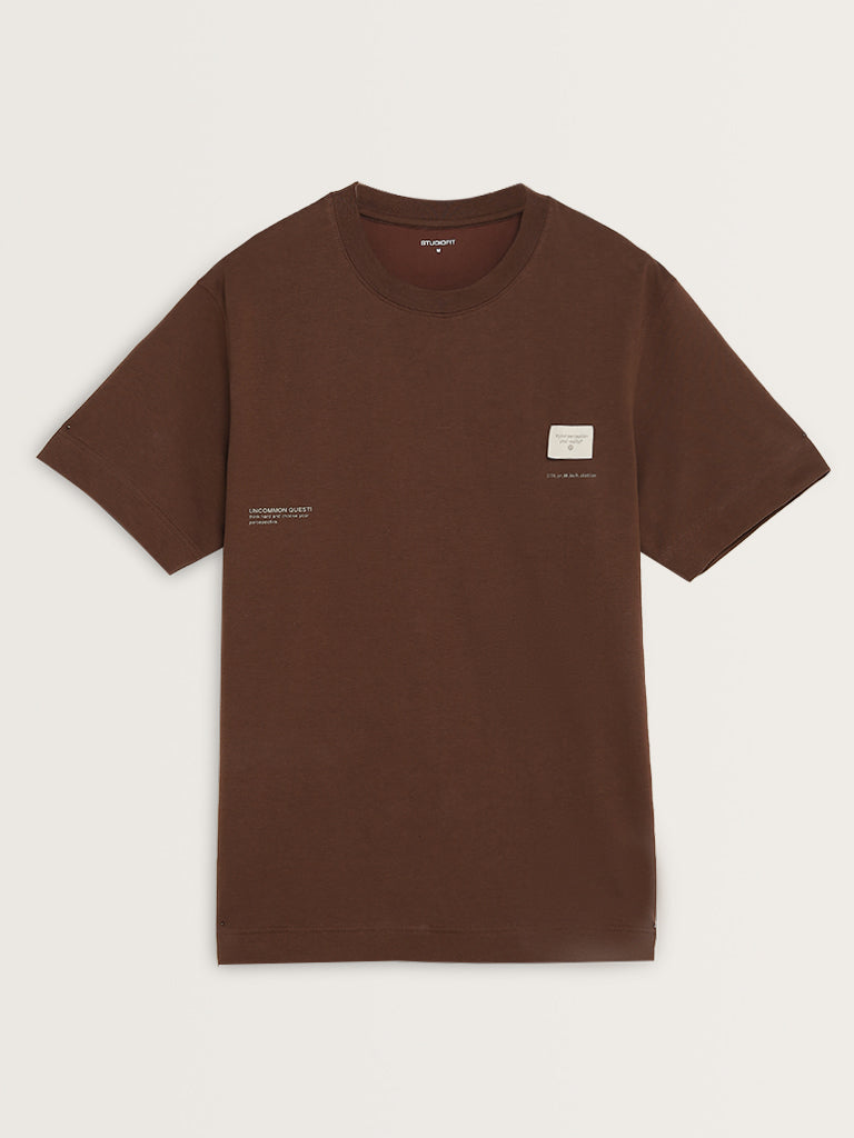 Studiofit Brown Text Pattern Relaxed-Fit T-Shirt