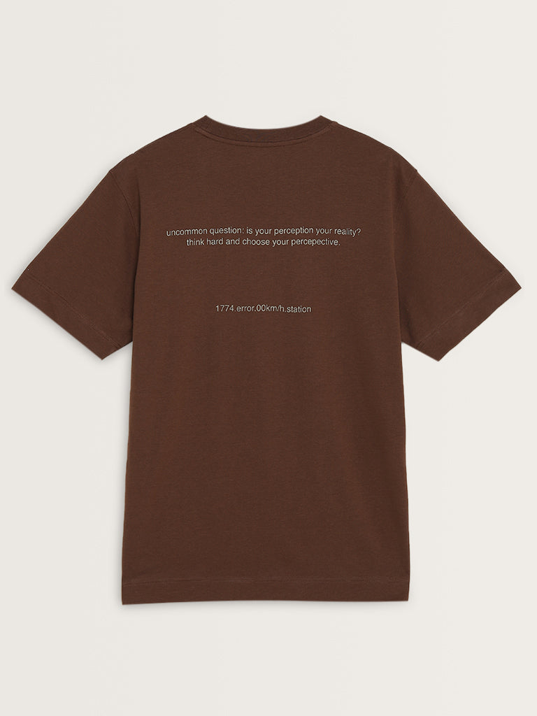 Studiofit Brown Text Pattern Relaxed-Fit T-Shirt