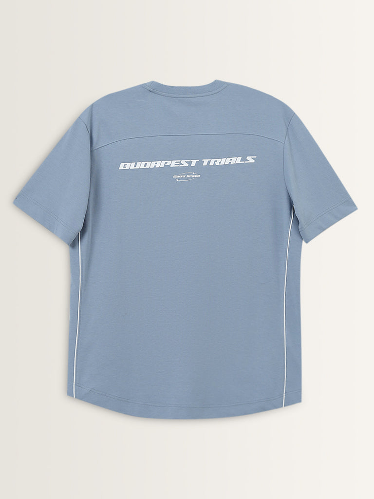 Studiofit Dusty Blue Text Printed Relaxed-Fit T-Shirt