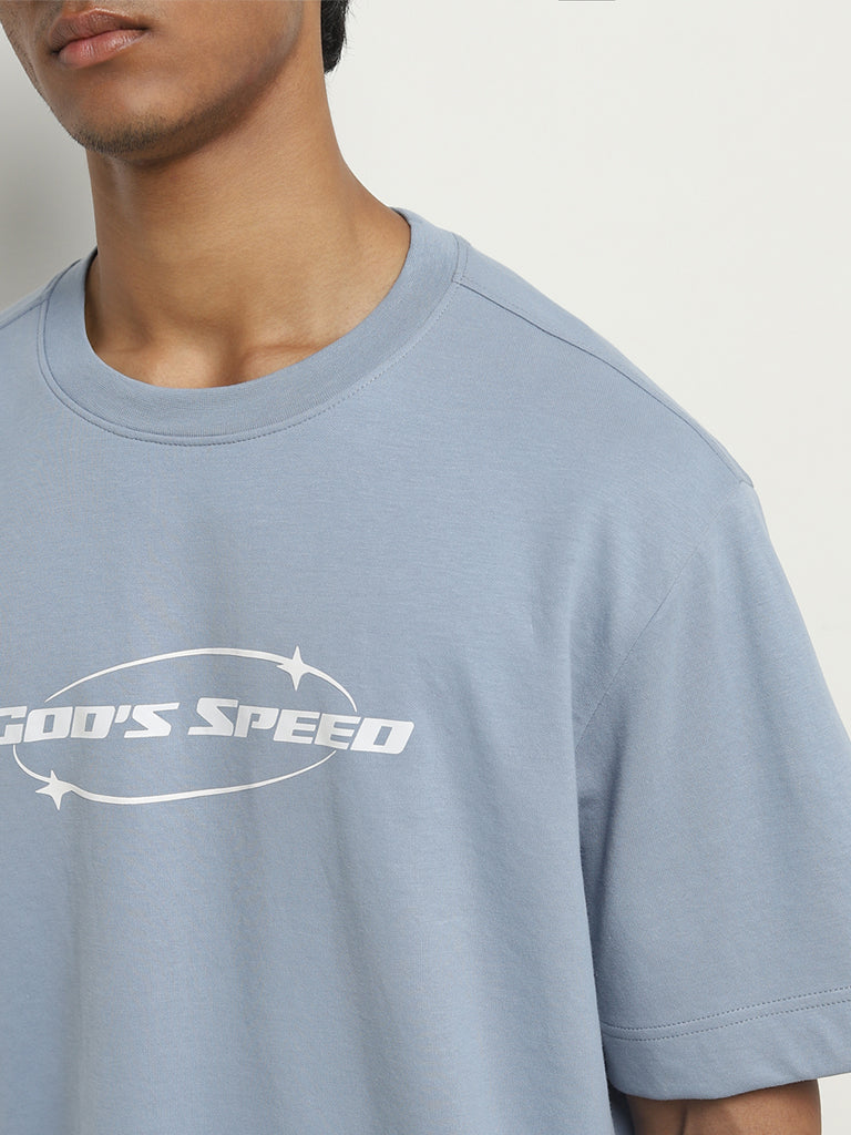 Studiofit Dusty Blue Text Printed Relaxed-Fit T-Shirt