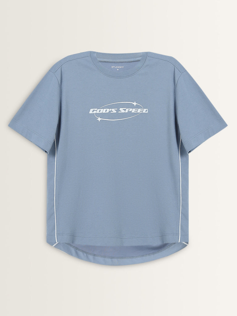 Studiofit Dusty Blue Text Printed Relaxed-Fit T-Shirt