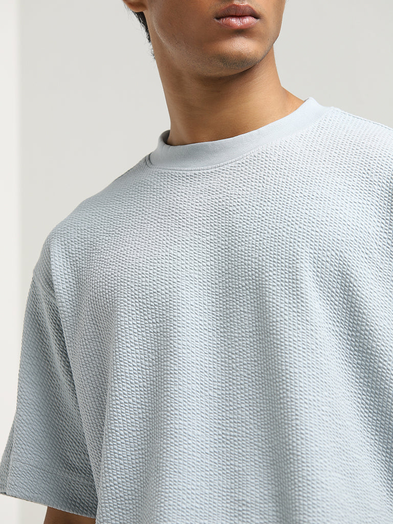 Studiofit Light Blue Popcorn Textured Relaxed-Fit T-Shirt