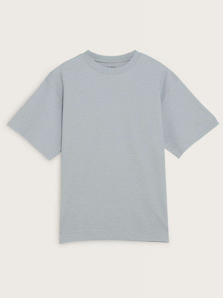 Studiofit Light Blue Popcorn Textured Relaxed-Fit T-Shirt