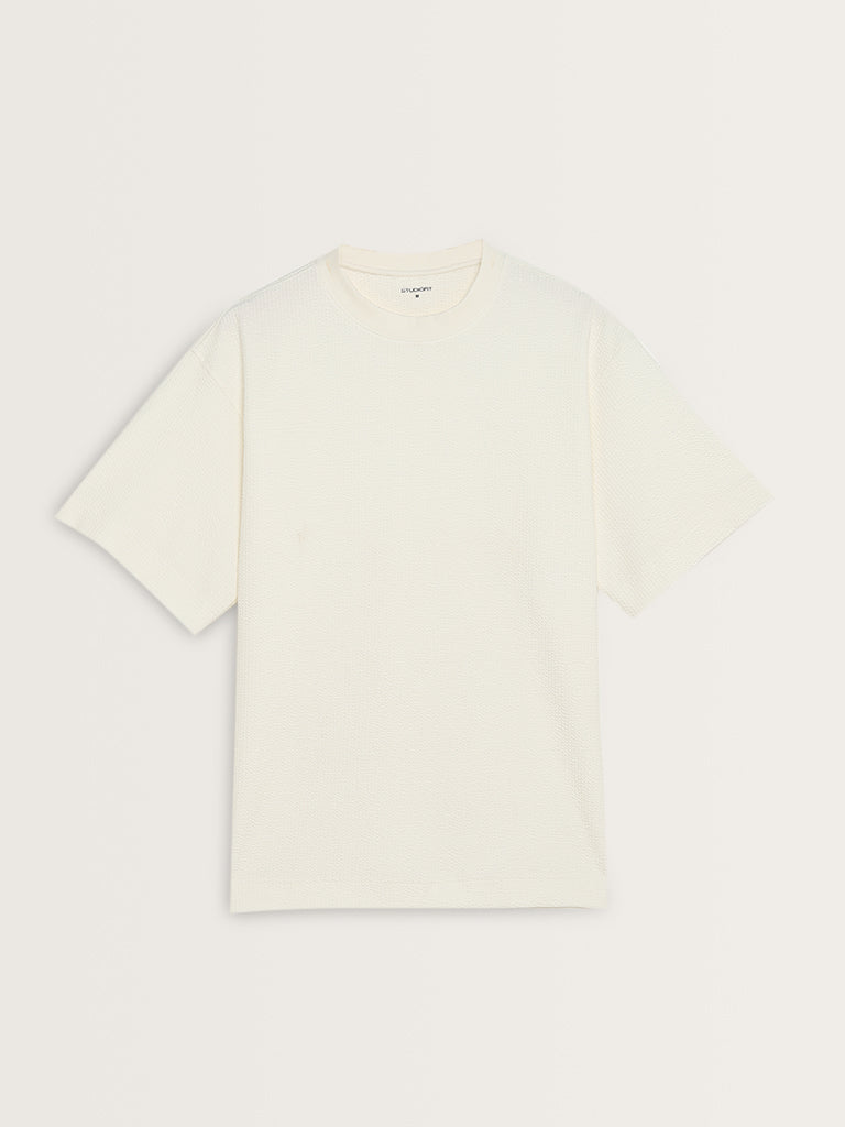 Studiofit White Popcorn Textured Relaxed-Fit T-Shirt