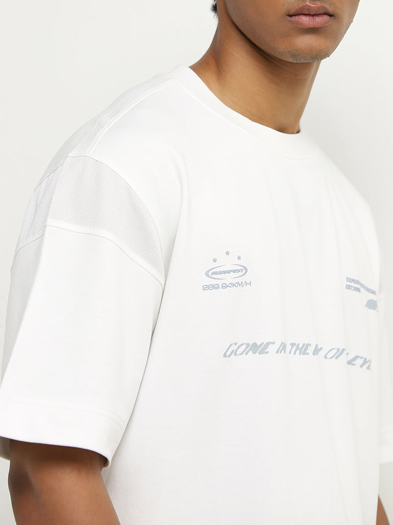 Studiofit White Text Printed Relaxed-Fit T-Shirt