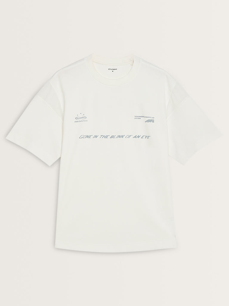 Studiofit White Text Printed Relaxed-Fit T-Shirt