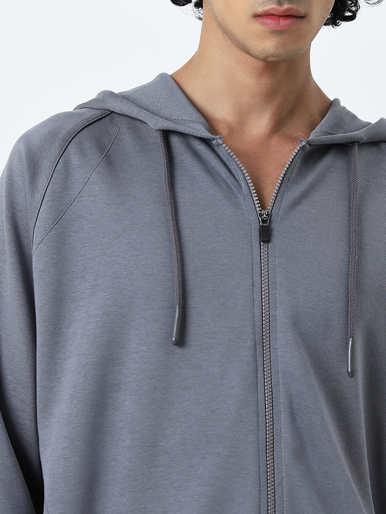 Studiofit Grey Solid Relaxed-Fit Cotton Blend Sweatshirt