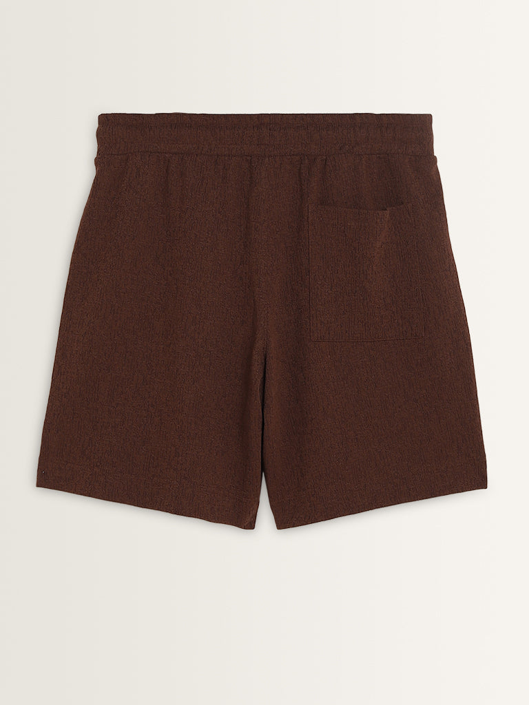 Studiofit Dark Brown Textured Relaxed-Fit Mid-Rise Shorts