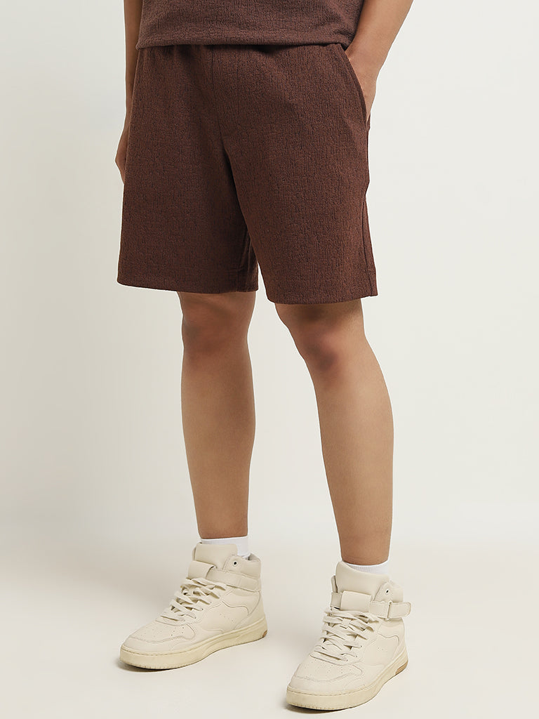 Studiofit Dark Brown Textured Relaxed-Fit Mid-Rise Shorts