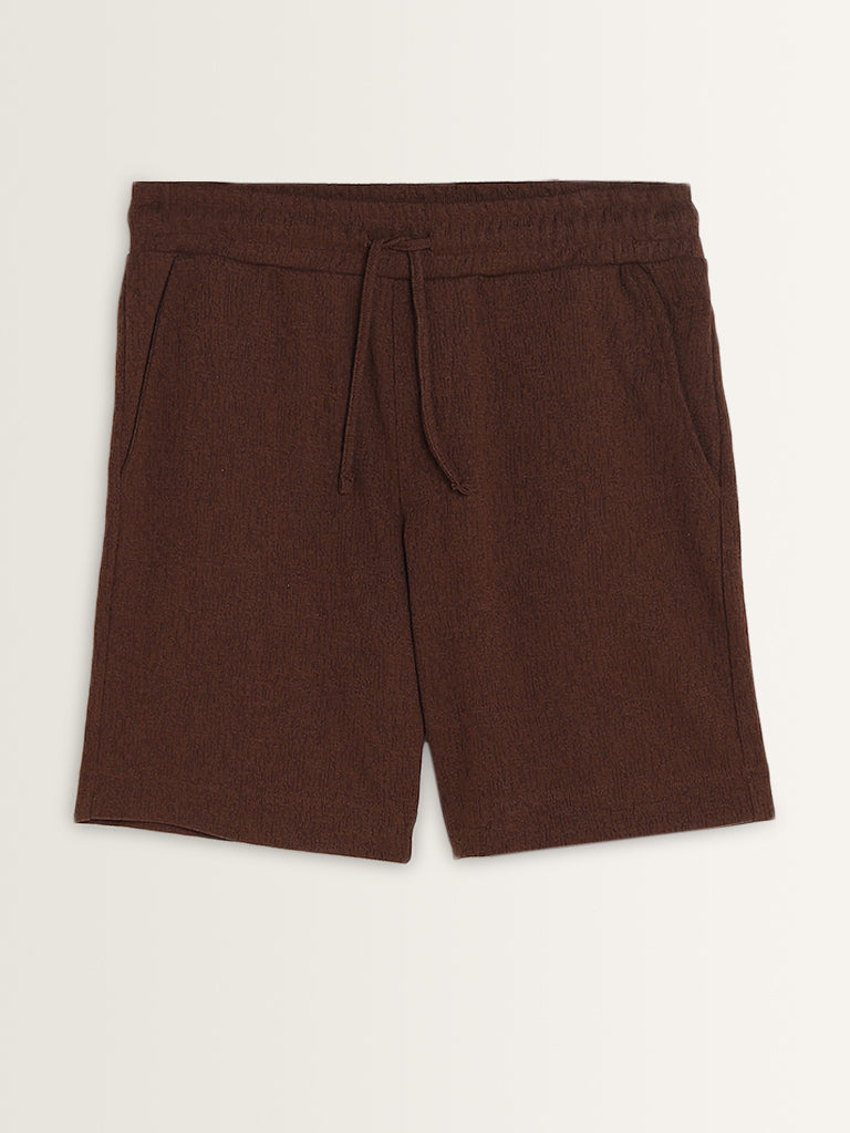 Studiofit Dark Brown Textured Relaxed-Fit Mid-Rise Shorts