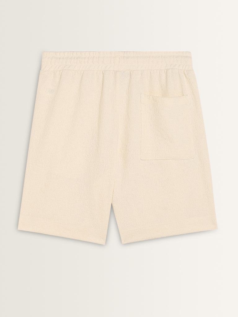 Studiofit Off-White Textured Relaxed-Fit Mid-Rise Shorts