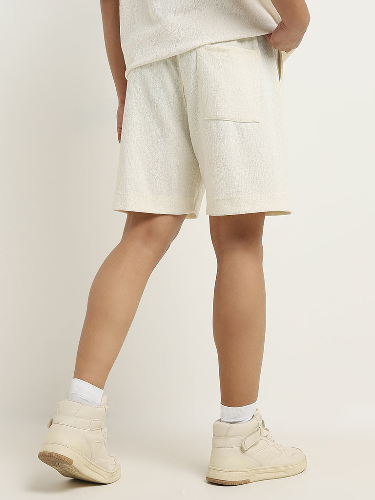 Studiofit Off-White Textured Relaxed-Fit Mid-Rise Shorts