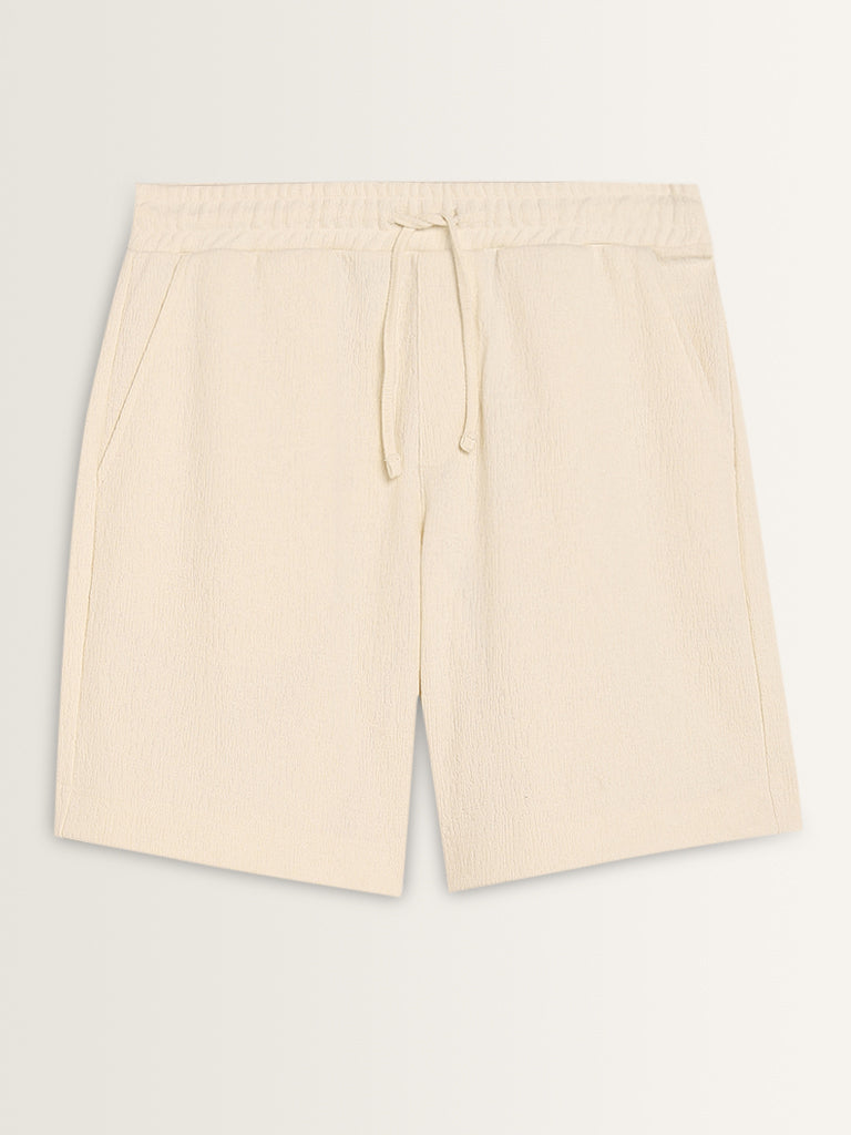 Studiofit Off-White Textured Relaxed-Fit Mid-Rise Shorts