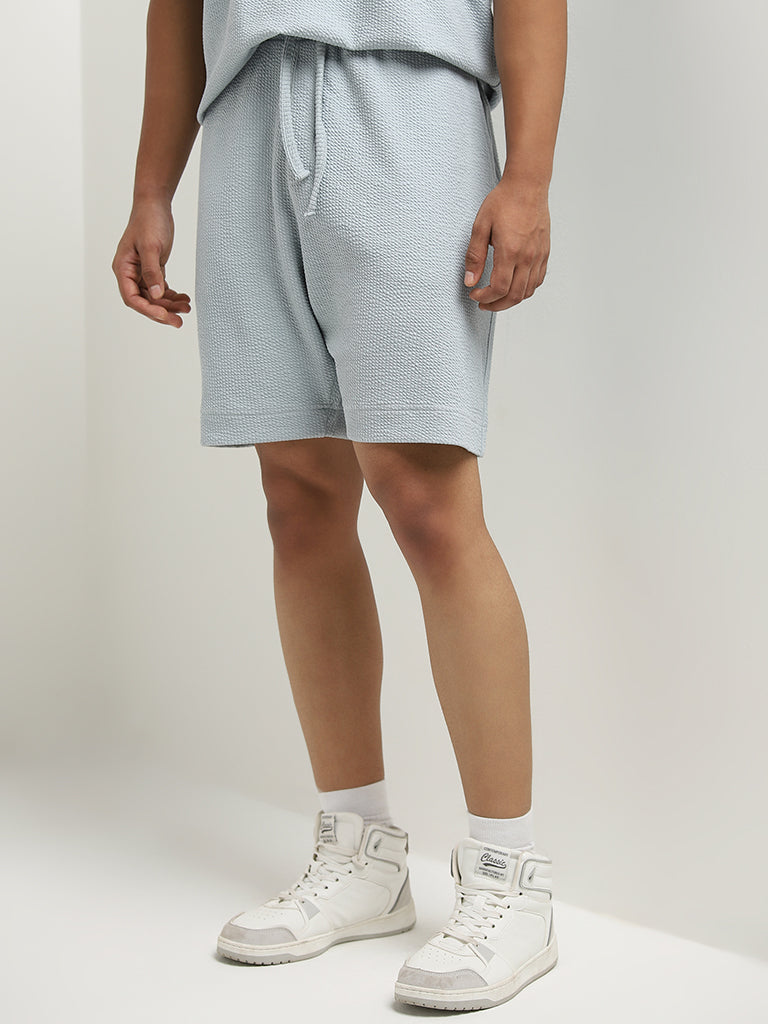 Studiofit Light Blue Textured Relaxed-Fit Mid-Rise Shorts