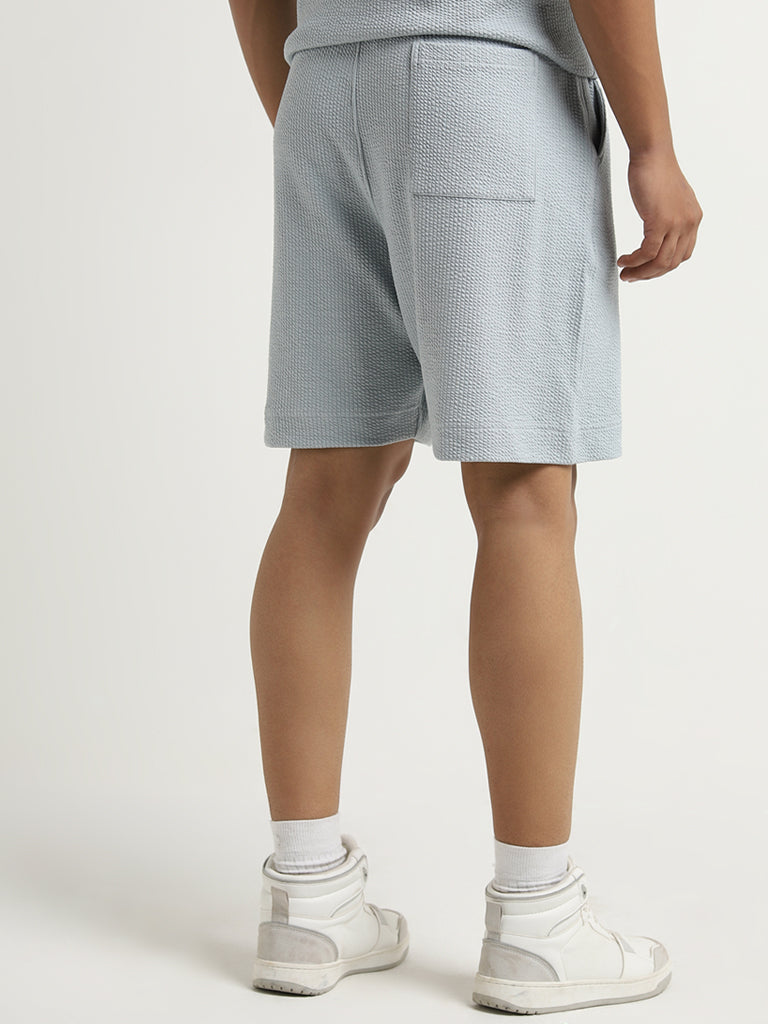 Studiofit Light Blue Textured Relaxed-Fit Mid-Rise Shorts