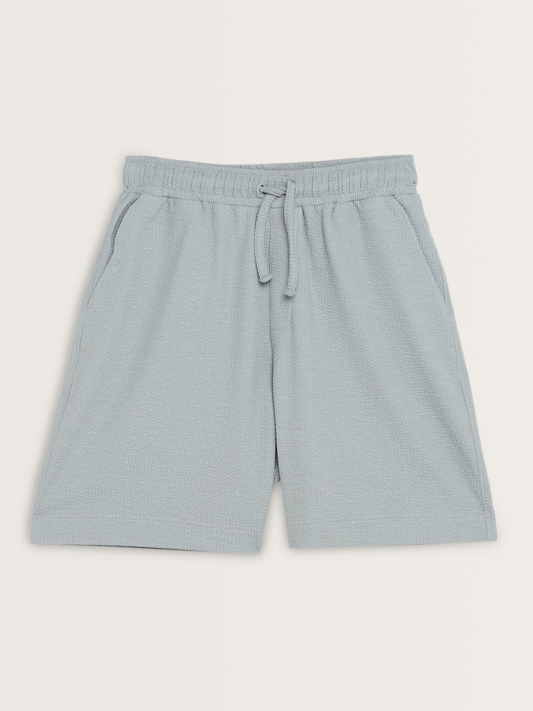 Studiofit Light Blue Textured Relaxed-Fit Mid-Rise Shorts