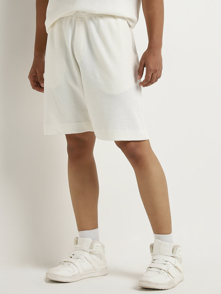 Studiofit White Popcorn Texture Relaxed-Fit Mid-Rise Shorts