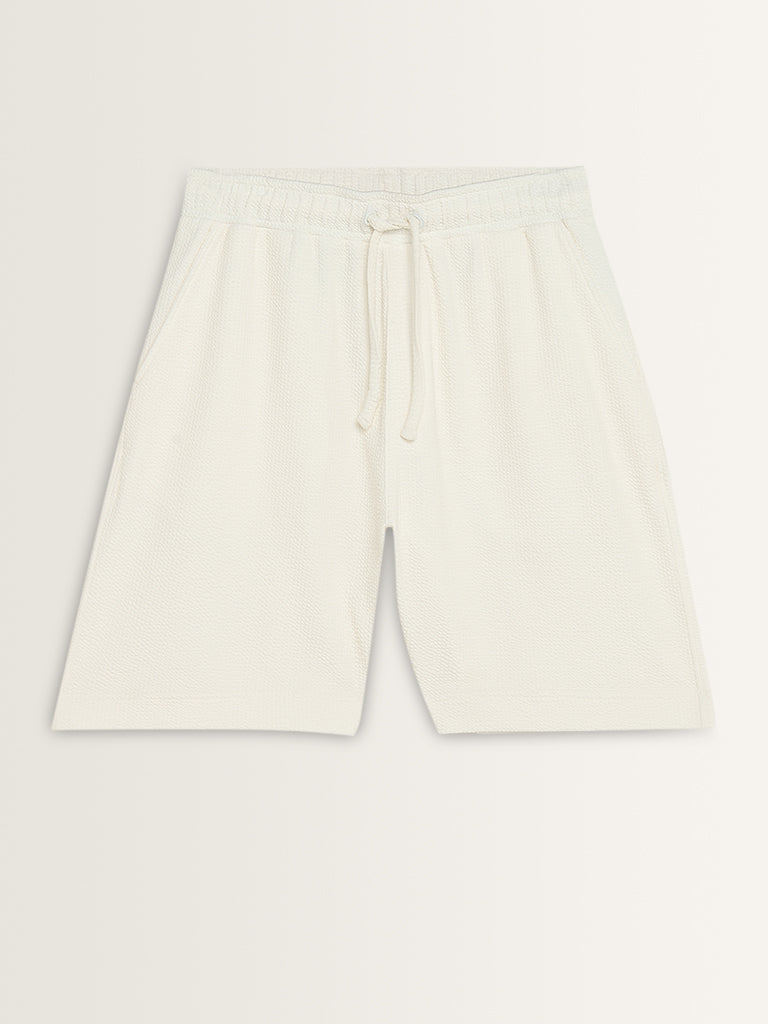 Studiofit White Popcorn Texture Relaxed-Fit Mid-Rise Shorts