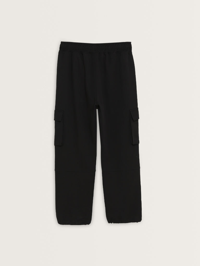 Studiofit Black Cargo-Style Mid-Rise Relaxed-Fit Pants