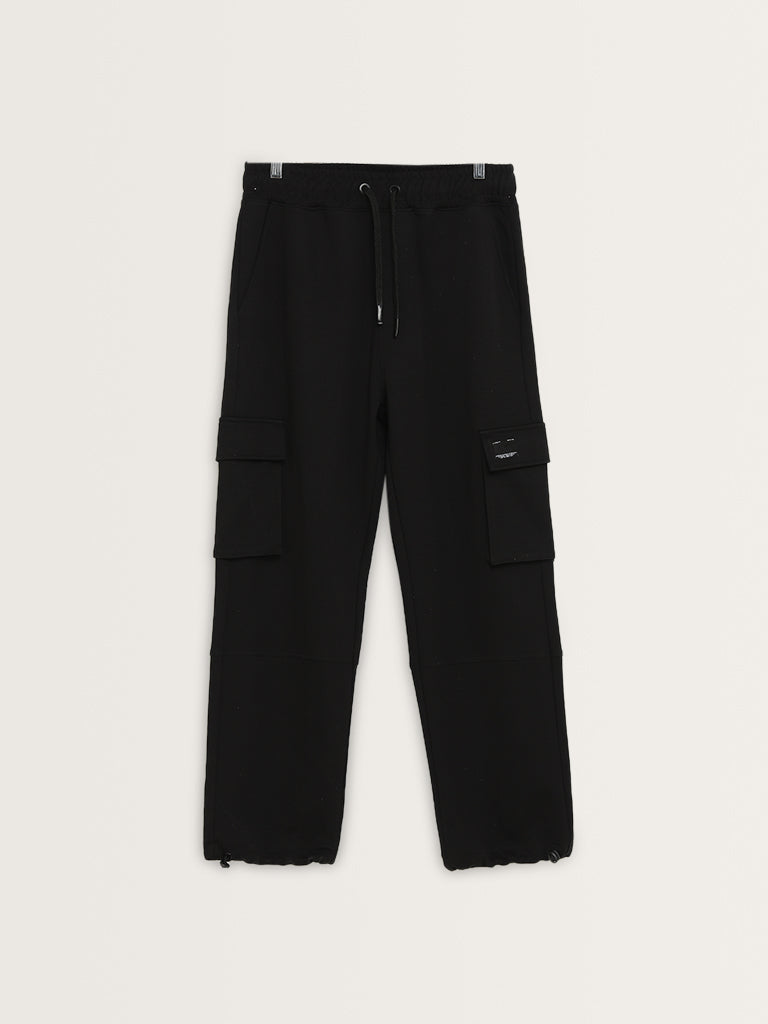 Studiofit Black Cargo-Style Mid-Rise Relaxed-Fit Pants