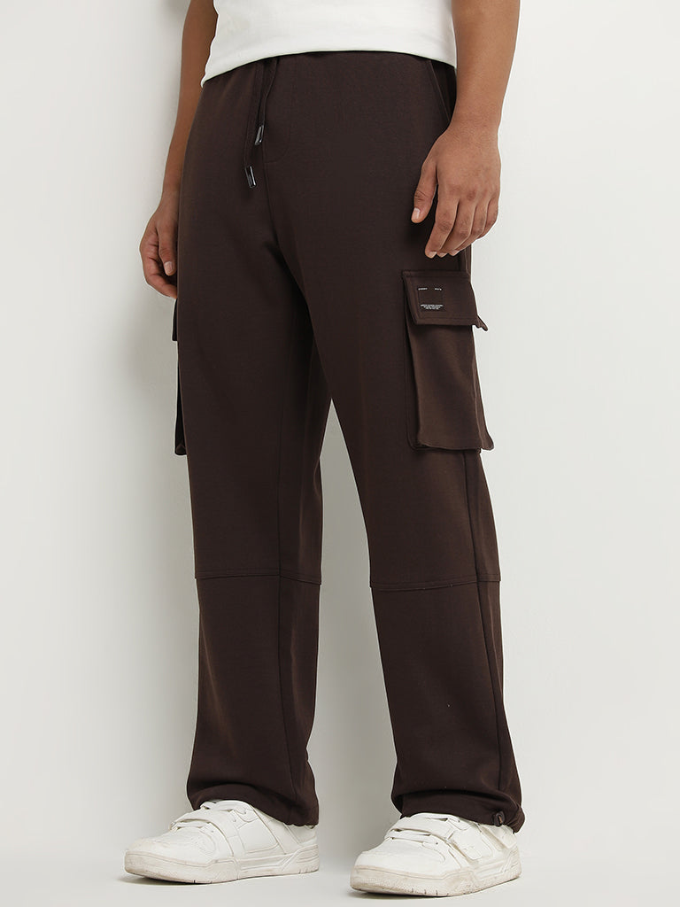 Studiofit Brown Cargo-Style Mid-Rise Relaxed-Fit Pants