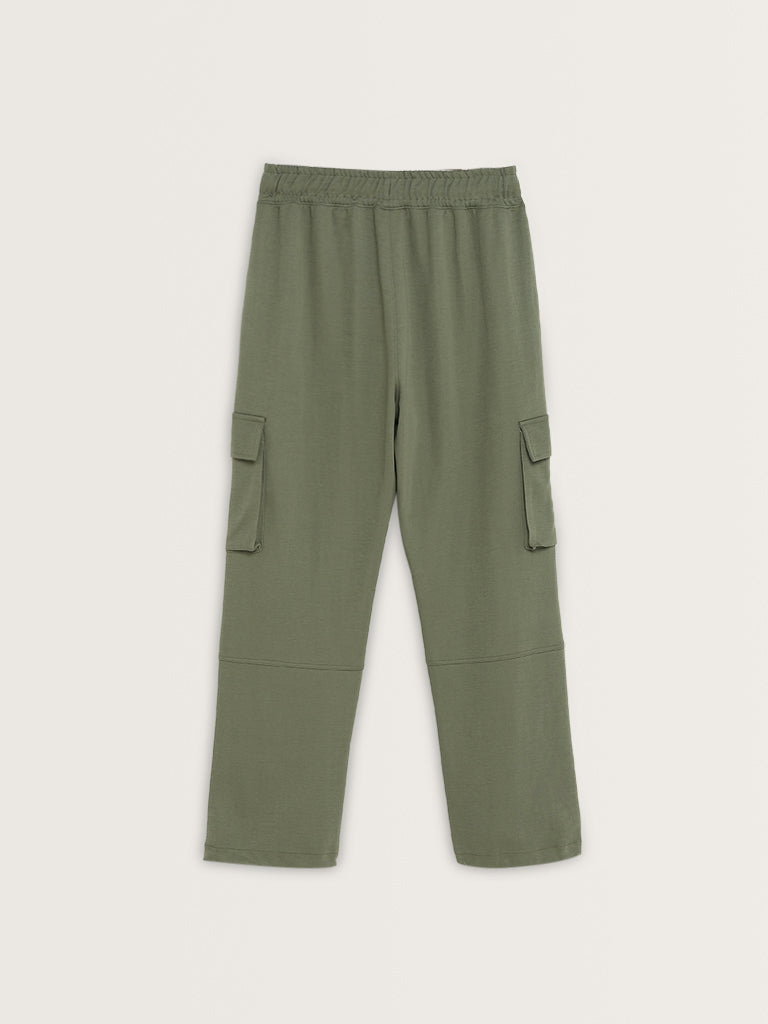 Studiofit Olive Cargo-Style Mid-Rise Relaxed-Fit Pants