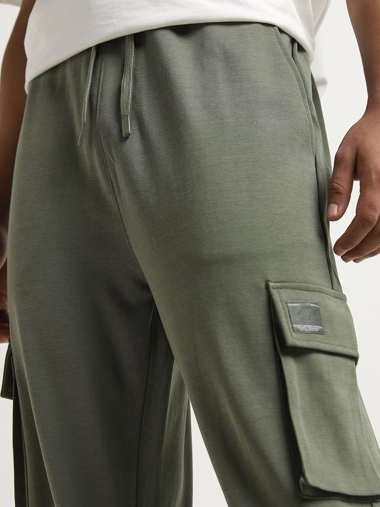 Studiofit Olive Cargo-Style Mid-Rise Relaxed-Fit Pants