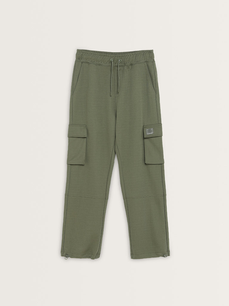 Studiofit Olive Cargo-Style Mid-Rise Relaxed-Fit Pants