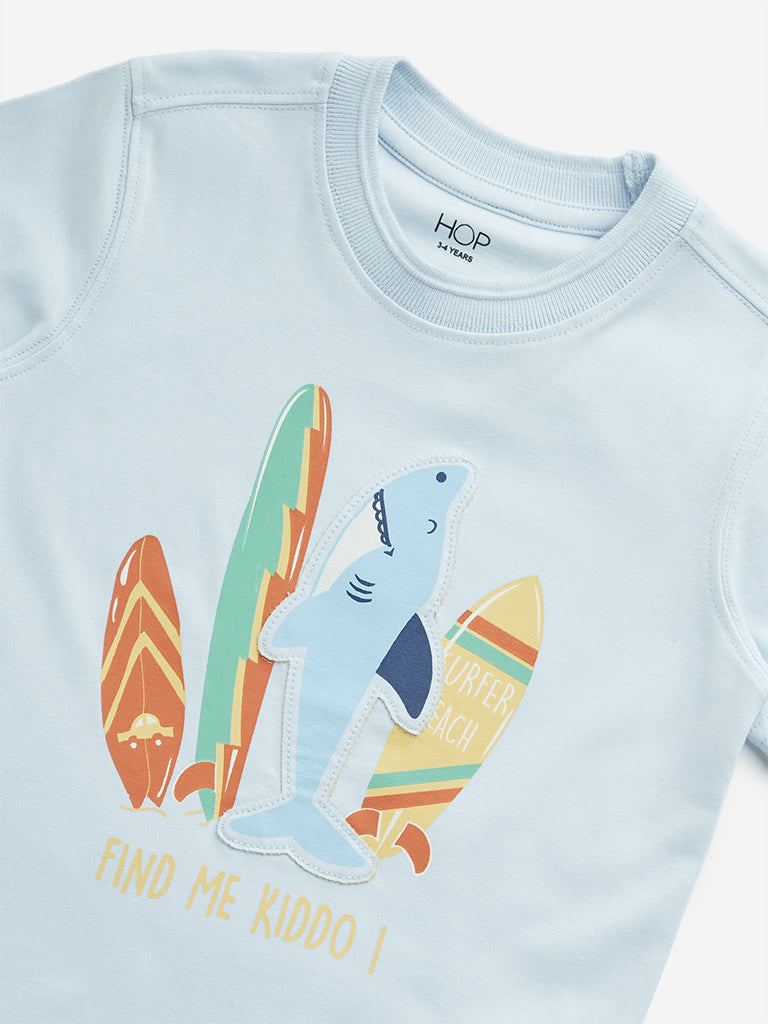 HOP Kids Light Blue Shark Applique Cotton T-Shirt